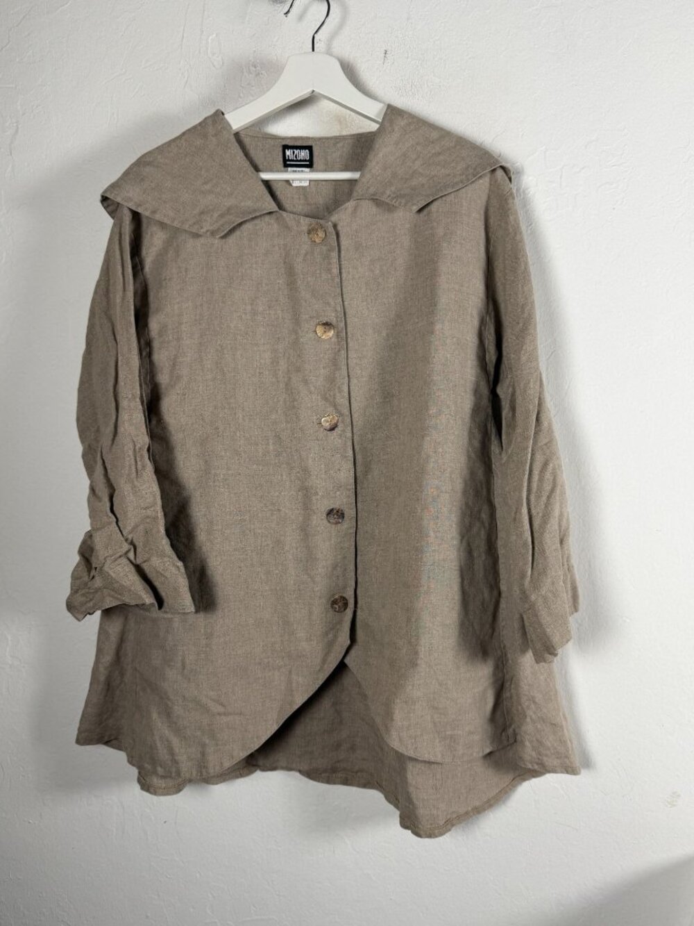 Mizono Womens Oversized Beige Linen Button-Up Tunic Swing Jacket One Size